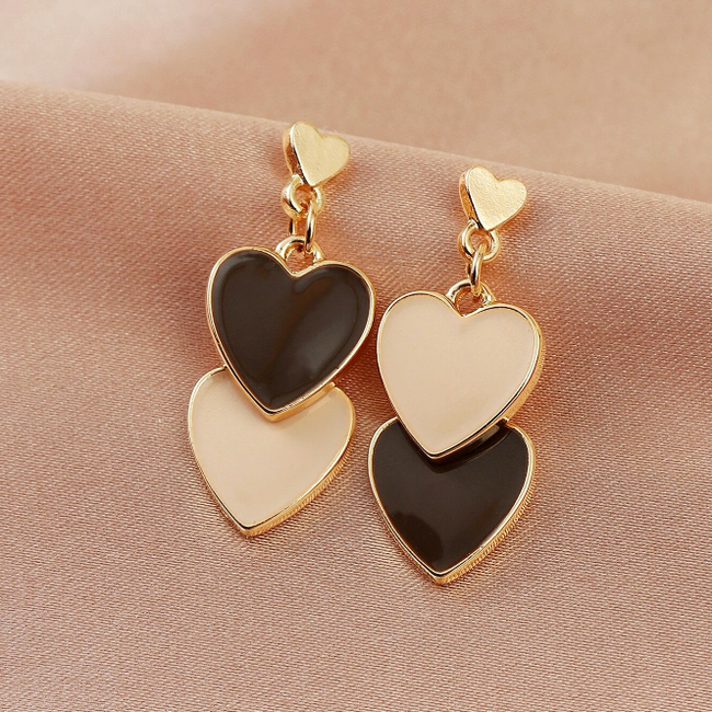 Double Hearts Oorbellen - Bruin/Beige | 2,9 x 1,2 cm