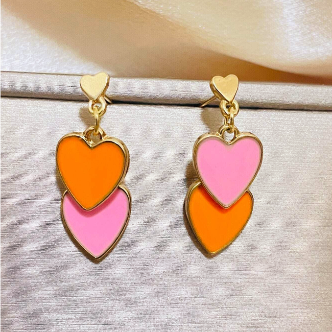 Double Hearts Oorbellen - Oranje/Roze | 2,9 x 1,2 cm
