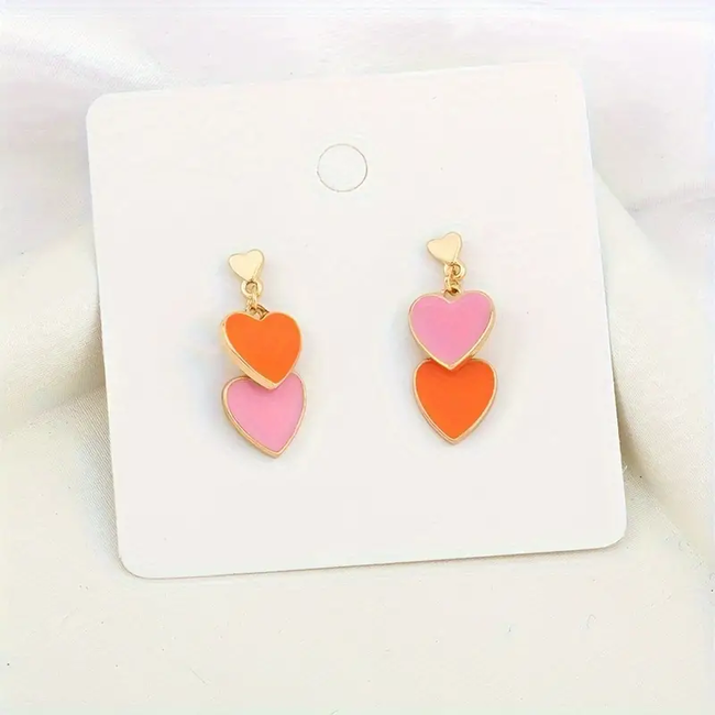Double Hearts Oorbellen - Oranje/Roze | 2,9 x 1,2 cm