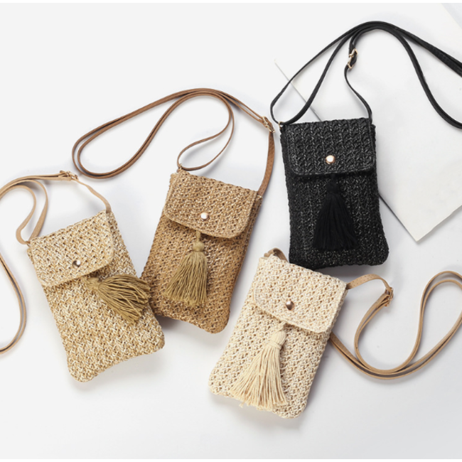 Tassle Telefoon Tasje - Beige | 18 x 12 cm | Stro / Rotan