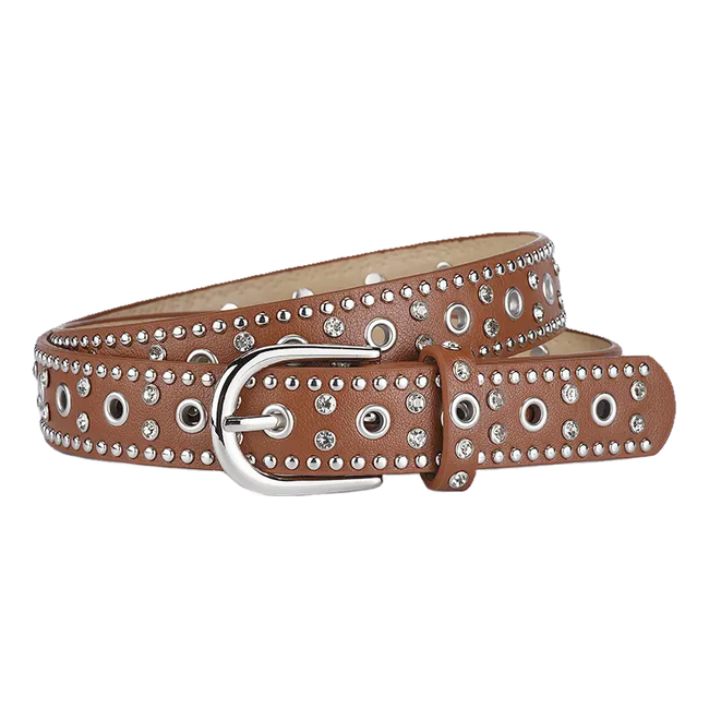 Studs Strass Riem - Bruin | Riemmaat 90 cm | Kunstleer
