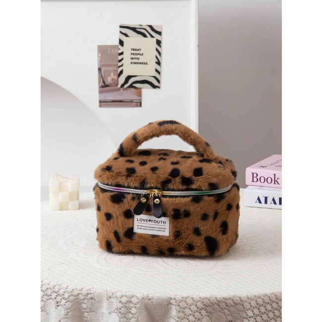 Furry Leopard Toilettas - Bruin | Make-Up Tas | 22 x 15 x 15 cm