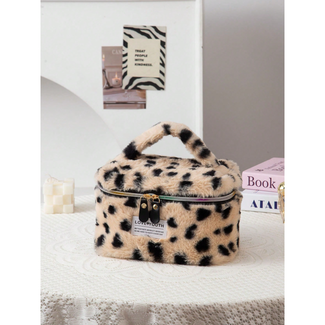 Furry Leopard Toilettas - Beige | Make-Up Tas | 22 x 15 x 15 cm
