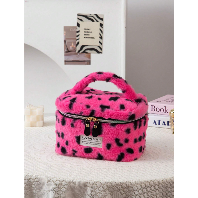 Furry Leopard Toilettas - Roze | Make-Up Tas | 22 x 15 x 15 cm