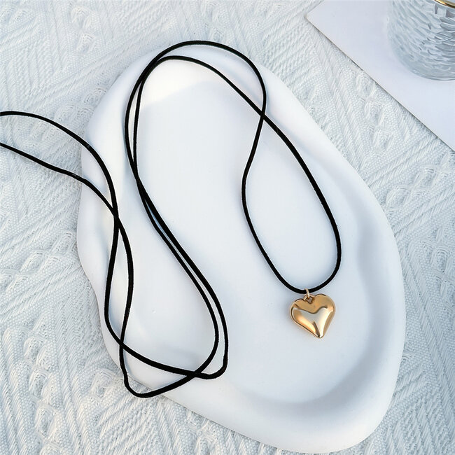 Koord Ketting Hart | Zwart/Goud | 142 cm | Fashion Favorite