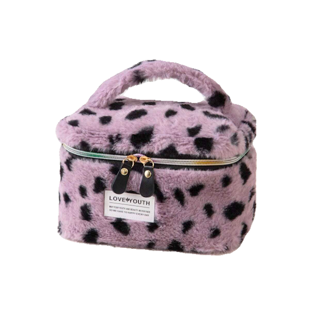 Furry Leopard Toilettas - Paars | Make-Up Tas | 22 x 15 x 15 cm