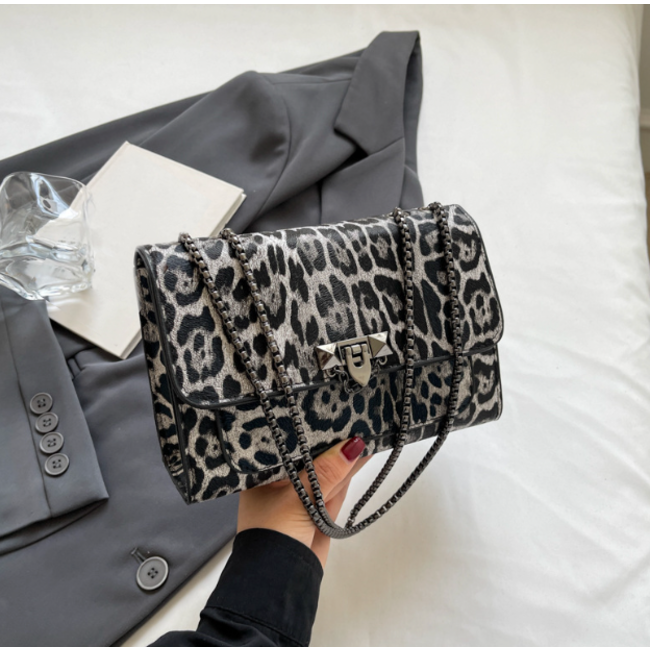 Leopard Schoudertas - Grijs | 21 x 15 x 7 cm | Kunstleder