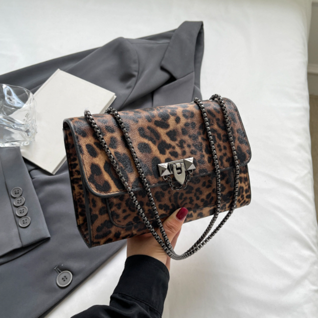 Leopard Schoudertas - Donkerbruin | 21 x 15 x 7 cm | Kunstleder