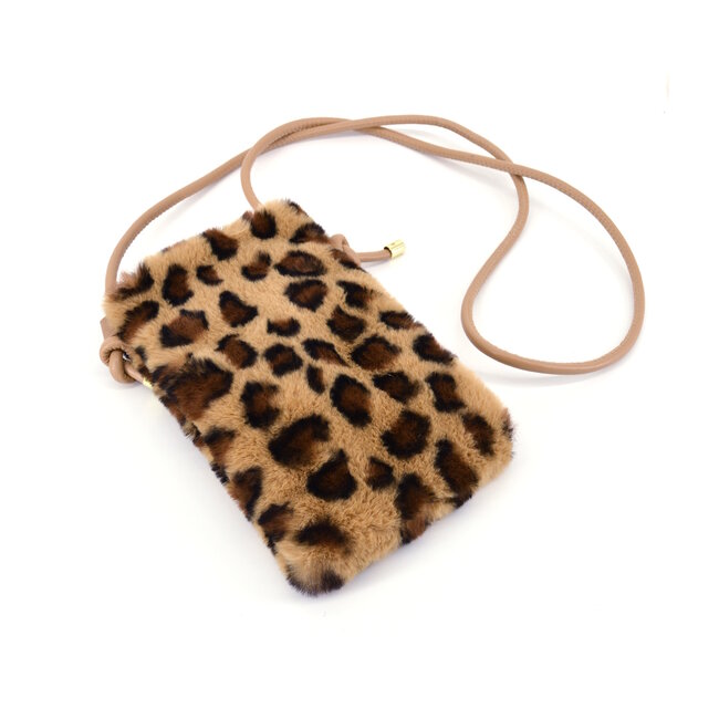 Fluffy Telefoontasje - Leopard Bruin | 22 x 15 x 4 cm