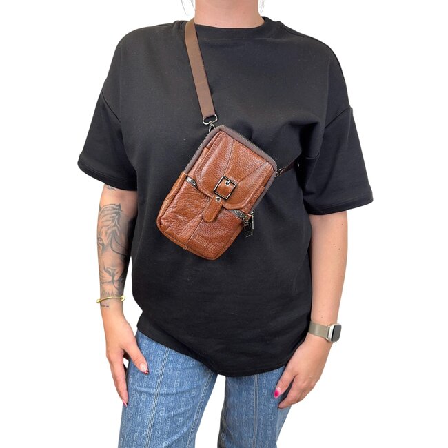 Telefoon Tasje - Bruin | PU Leder | 19,5 x 12 x 5 cm