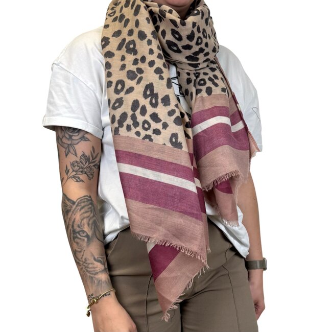 Color Leopard Sjaal - Beige/Oudroze | 180 x 85 cm