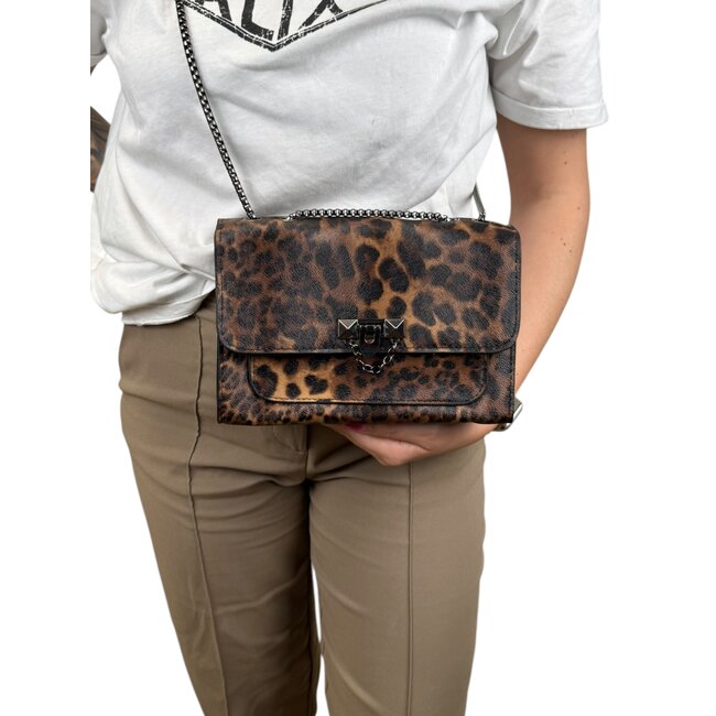 Leopard Schoudertas - Donkerbruin | 21 x 15 x 7 cm | Kunstleder