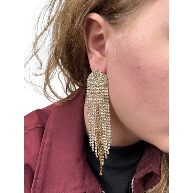 Lange Strass Oorhangers - Goudkleurig | 11,8 x 2,6 cm