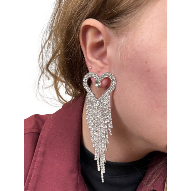 Sparkle Heart Oorbellen - Zilverkleurig | Hart Strass