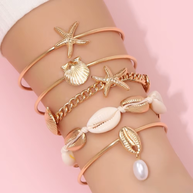 Boho Shell Armbanden Set 5 - delig | Goudkleurig | 15-19 cm