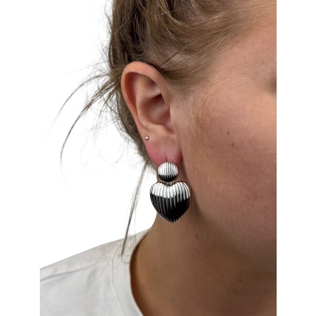 Oorbellen Striped Heart - Zilverkleurig | 3,5 x 2,5 cm | Stainless Steel