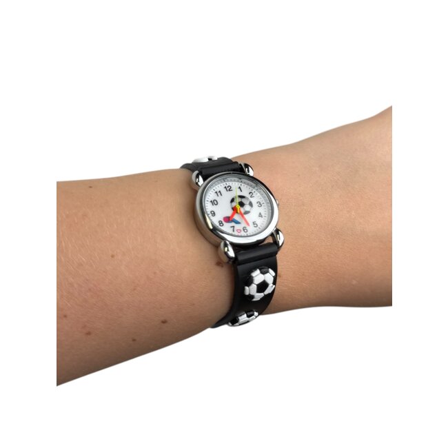 Kinder Horloge | 3D Voetbal / Soccer Zwart | Siliconen
