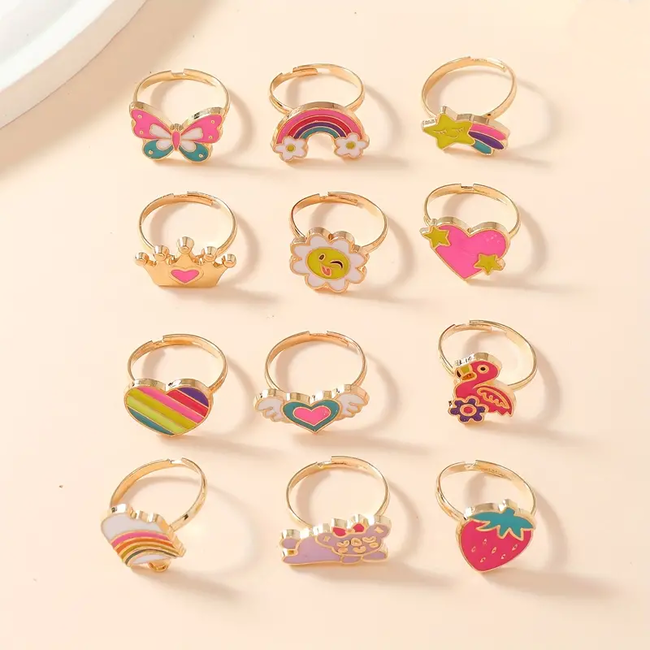 Kinder Ringen Set 12 Stuks - Rainbow | Verstelbaar | Bijoux