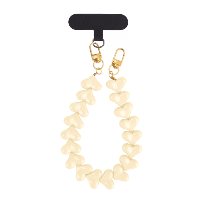 Telefoonkoord - Hartjes Beige | Lengte 33 cm | Acryl/Bijoux