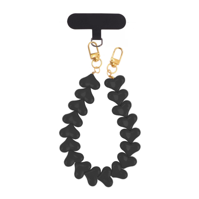 Telefoonkoord - Hartjes Zwart | Lengte 33 cm | Acryl/Bijoux