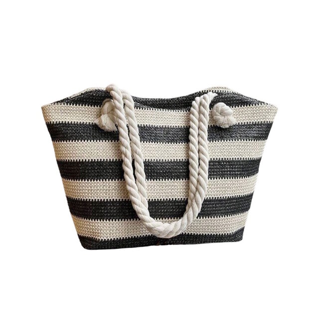 Raffia Shopper - Streep Zwart | 40 x 27 x 10 cm | Polyester