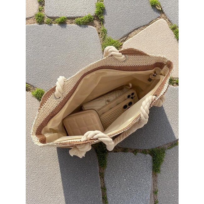 Raffia Shopper - Streep Bruin | 40 x 27 x 10 cm | Polyester