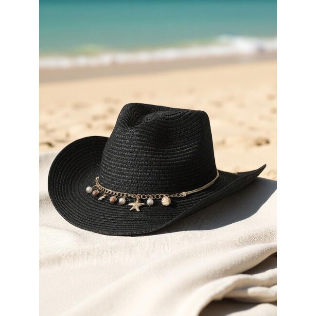Strand Hoed Shells - Zwart | Verstelbaar | 55 - 58 cm