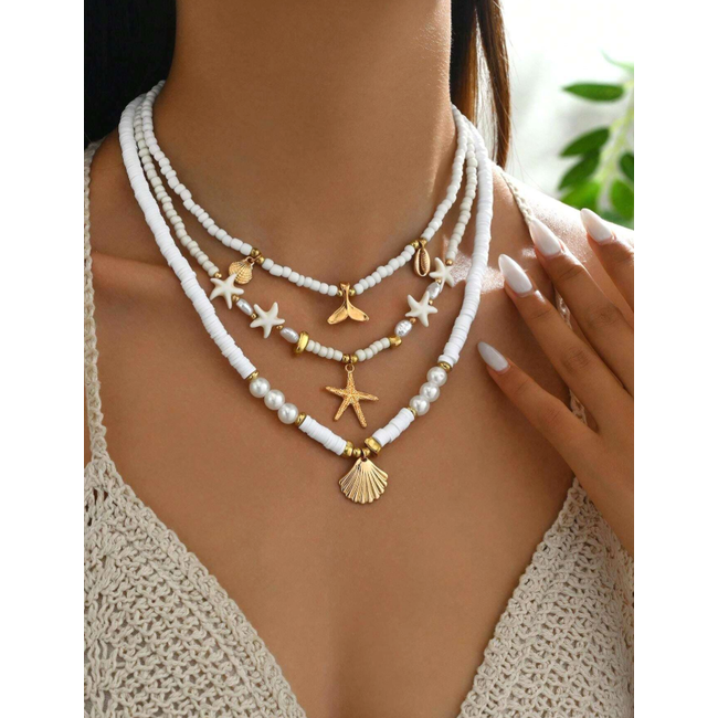 Sea Shell Ketting 3-delige Set - Wit/Goudkleurig