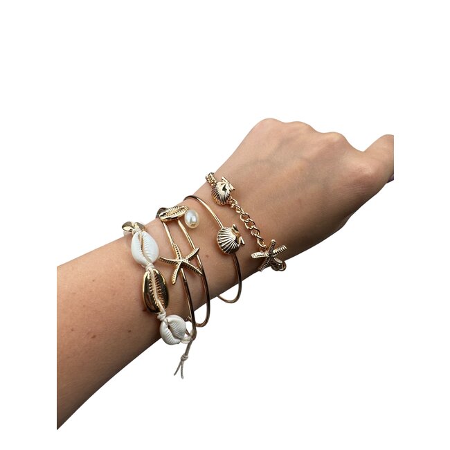 Boho Shell Armbanden Set 5 - delig | Goudkleurig | 15-19 cm