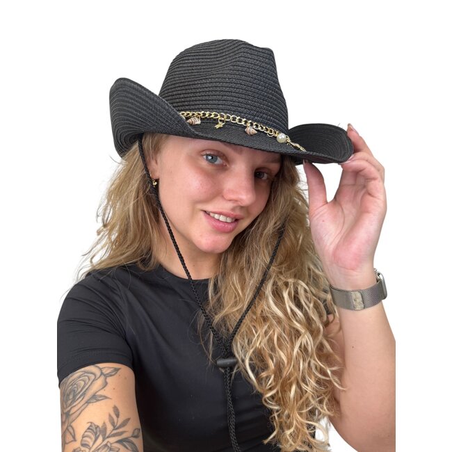 Strand Hoed Shells - Zwart | Verstelbaar | 55 - 58 cm