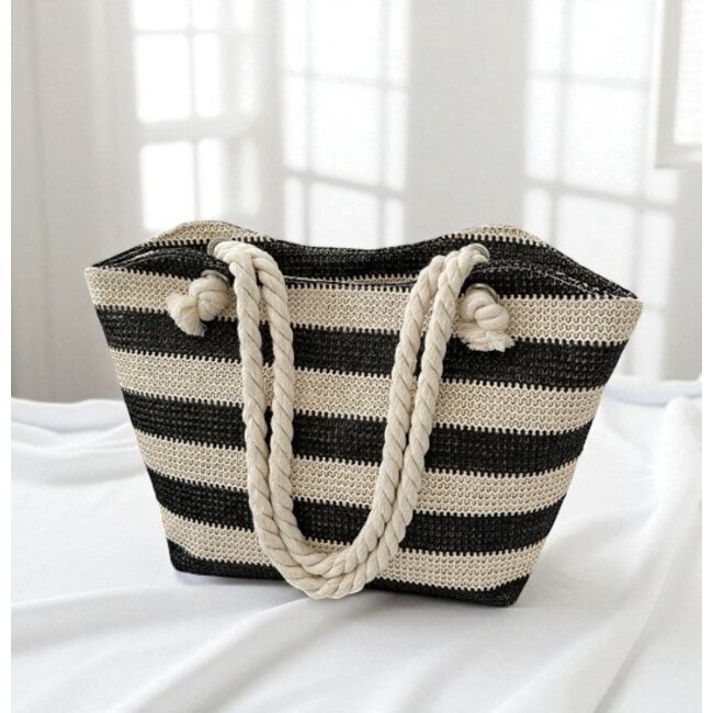 Raffia Shopper - Streep Zwart | 40 x 27 x 10 cm | Polyester