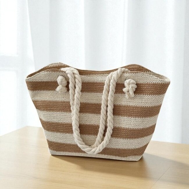 Raffia Shopper - Streep Bruin | 40 x 27 x 10 cm | Polyester