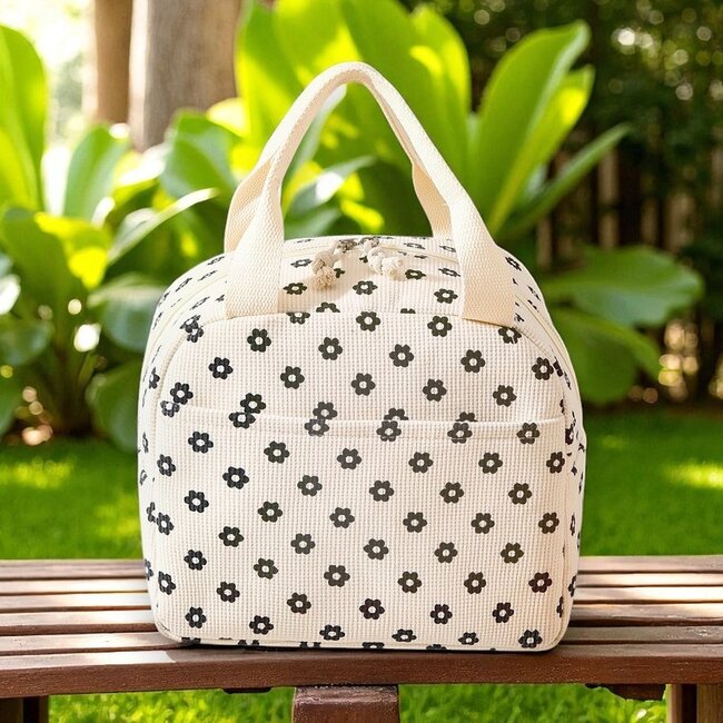 Koeltas - Corduroy Zwart Bloem | 26 x 21 x 17 cm | Nylon