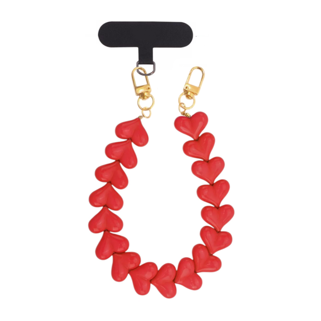 Telefoonkoord - Hartjes Rood | Lengte 33 cm | Acryl/Bijoux