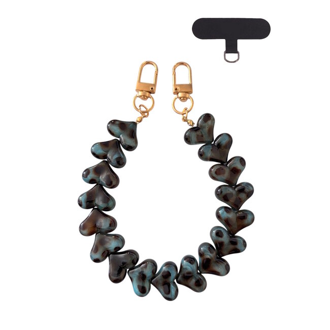 Telefoonkoord Leopard - Hartjes Blauw | Lengte 32 cm | Acryl/Bijoux