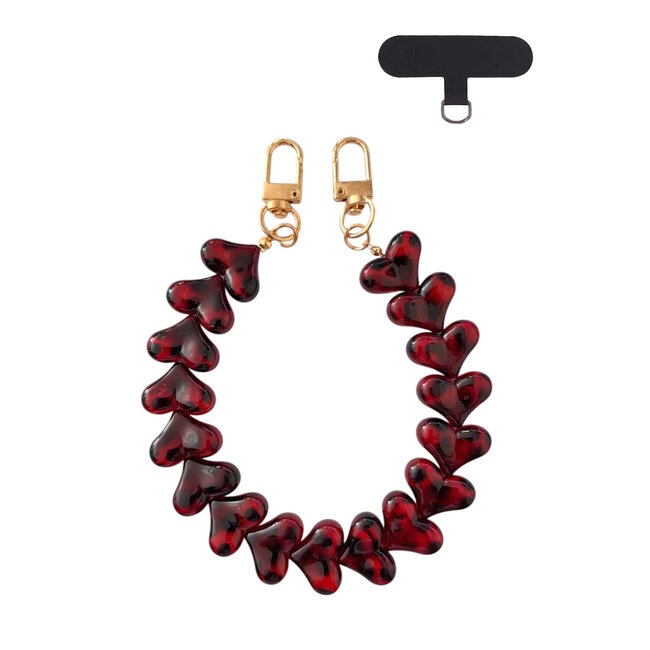 Telefoonkoord Leopard - Hartjes Rood | Lengte 32 cm | Acryl/Bijoux