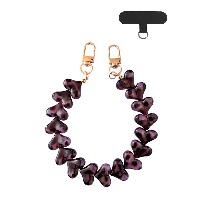 Telefoonkoord Leopard - Hartjes Paars | Lengte 32 cm | Acryl/Bijoux