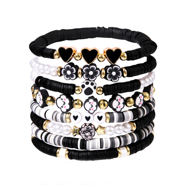 Hartje - Bloem Armbanden Set - Zwart/Wit | 8-delig