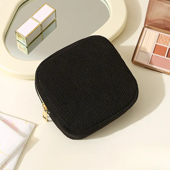 Corduroy Mini Make-up Tas - Zwart | 12 x 12 x 3 cm