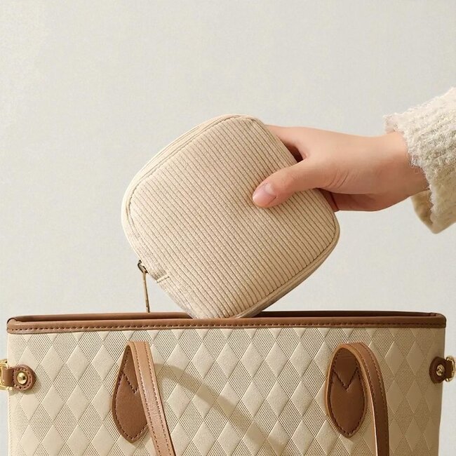 Corduroy Mini Make-up Tas - Bruin | 12 x 12 x 3 cm