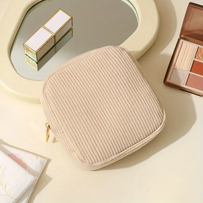 Corduroy Mini Make-up Tas - Beige | 12 x 12 x 3 cm