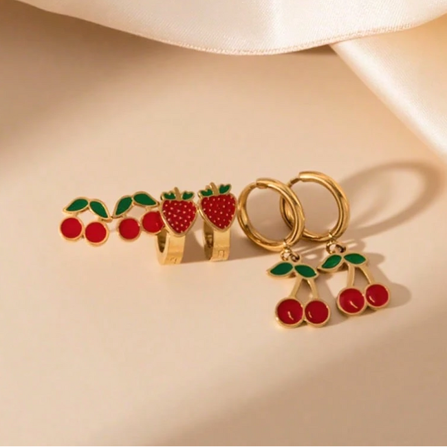 Set 3 Paar Oorbellen - Kers/Aardbei | Stainless Steel