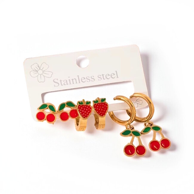 Set 3 Paar Oorbellen - Kers/Aardbei | Stainless Steel