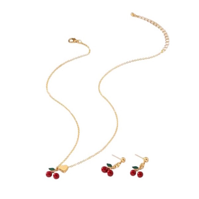 Cherry/Kersjes Ketting + Oorbellen Set - Goudkleurig