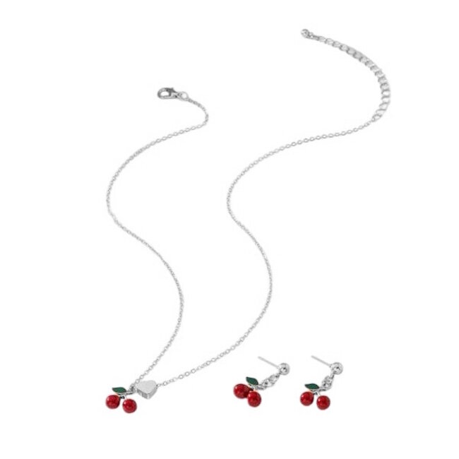 Cherry/Kersjes Ketting + Oorbellen Set - Zilverkleurig