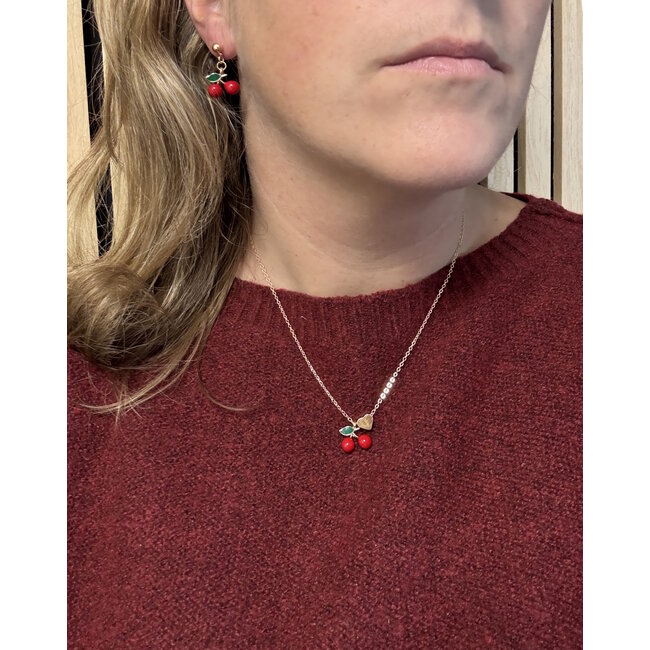 Cherry/Kersjes Ketting + Oorbellen Set - Zilverkleurig