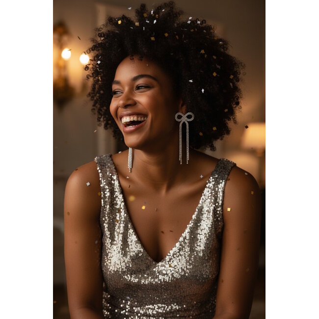 Strik / Bow Strass Oorbellen - Zilverkleurig | 8,7 x 3,8 cm