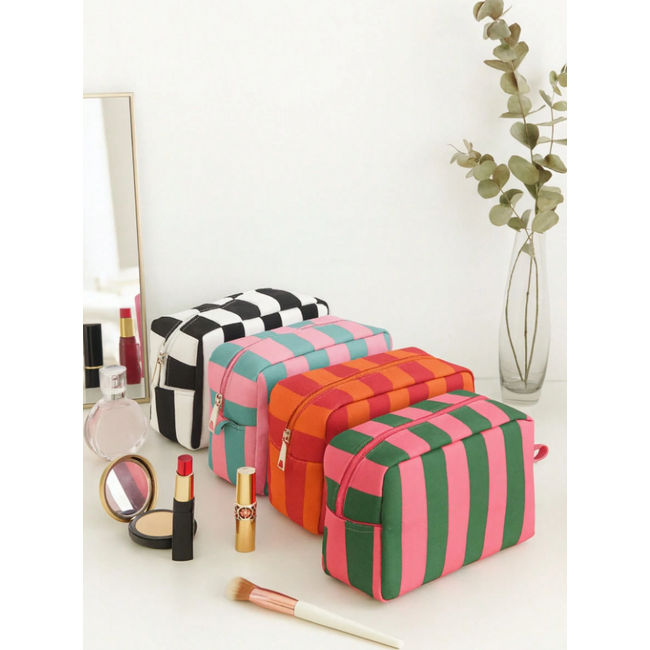 Toilettas - Streep Groen/Roze | 22 x 16 x 9 cm