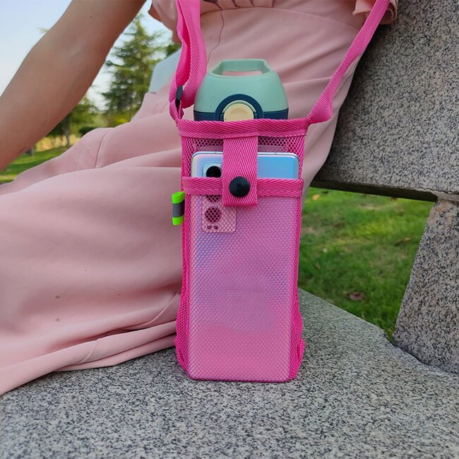 Mesh Flessenhouder - Roze | Schoudertas /Telefoontas | 19,5 x 9 cm