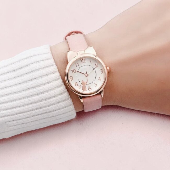 Kinder Horloge - Strikje/Poesje Roze | Kunstleer